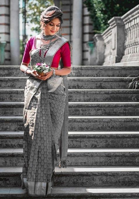 Grey Jacquard Silk Saree Set