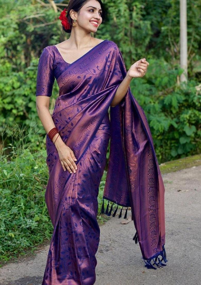 Purple Jacquard Silk Blend Saree Set - Indya