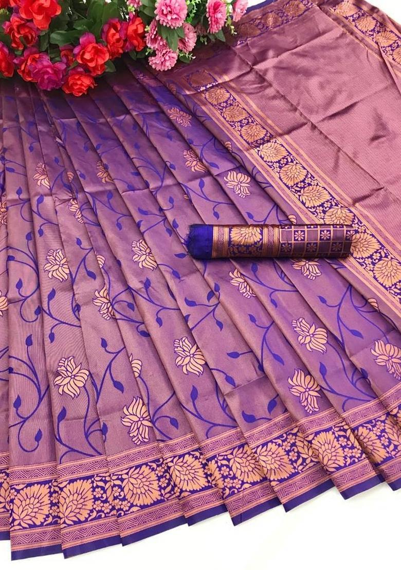 Purple Jacquard Silk Blend Saree Set - Indya