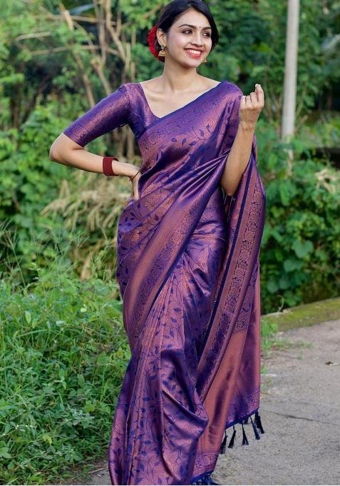 Purple Jacquard Silk Saree Set