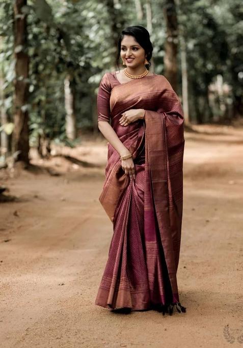 Maroon Jacquard Silk Blend Saree Set