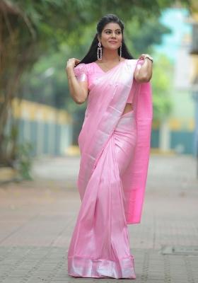 Pink Jacquard Silk Blend Saree Set