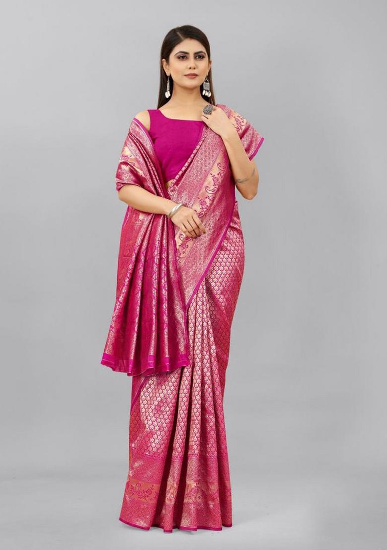 Magenta Jacquard Silk Blend Saree Set - Indya