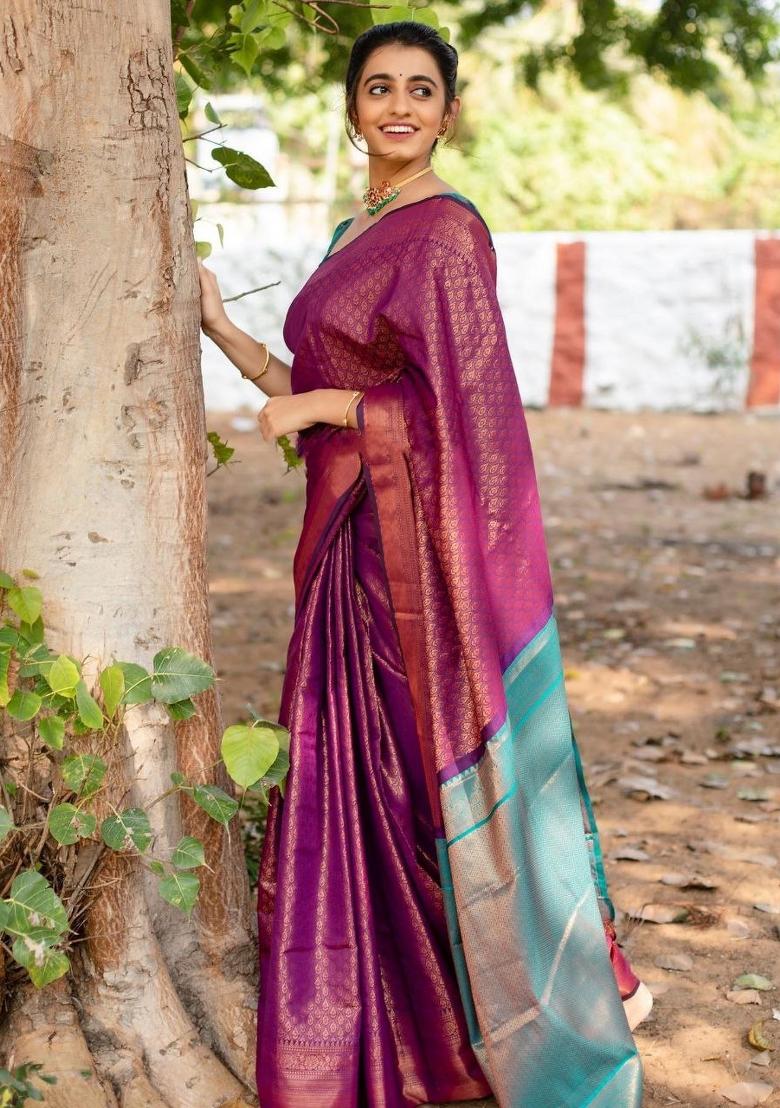 Purple Jacquard Silk Blend Saree Set - Indya