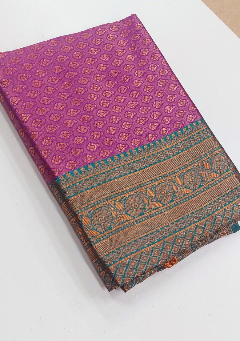 Purple Jacquard Silk Blend Saree Set - Indya