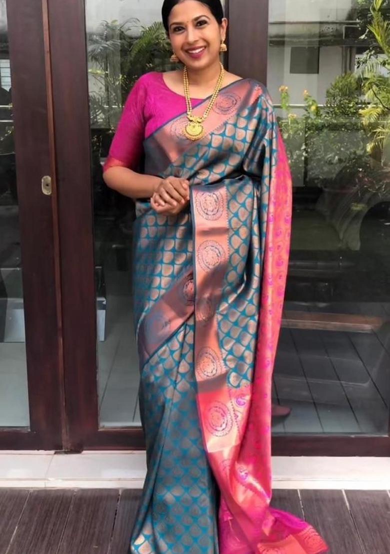 Rama Jacquard Silk Blend Saree Set - Indya