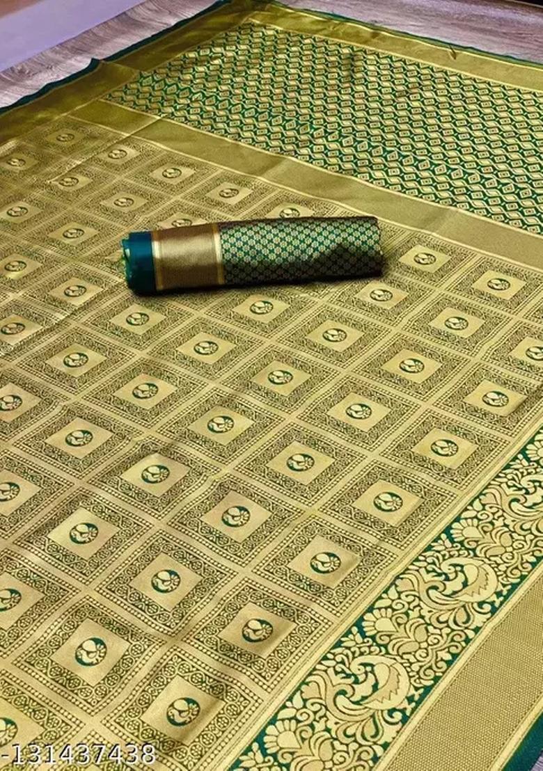 Green Jacquard Silk Blend Saree Set - Indya