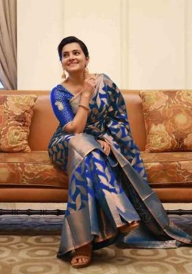 Royal Blue Jacquard Silk Blend Saree Set