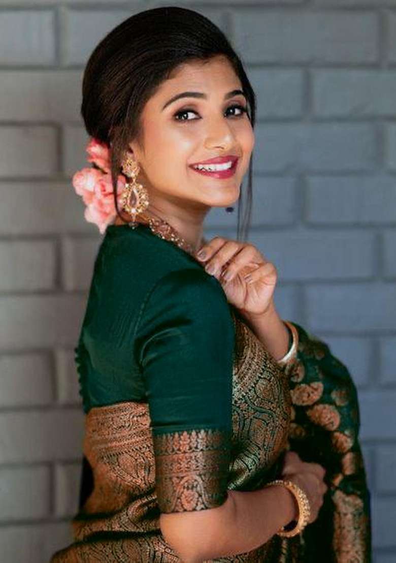 Dark Green Jacquard Silk Blend Saree Set - Indya