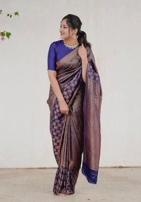 Navy Blue Jacquard Silk Blend Saree Set