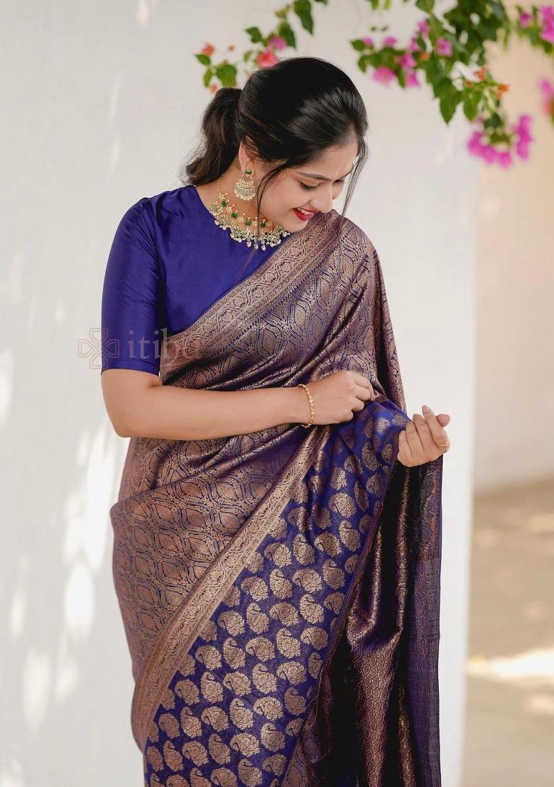 Navy Blue Jacquard Silk Blend Saree Set - Indya