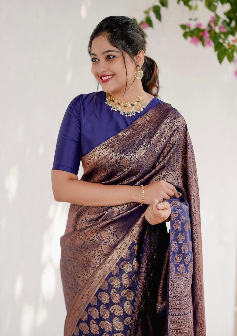 Navy Blue Jacquard Silk Blend Saree Set - Indya