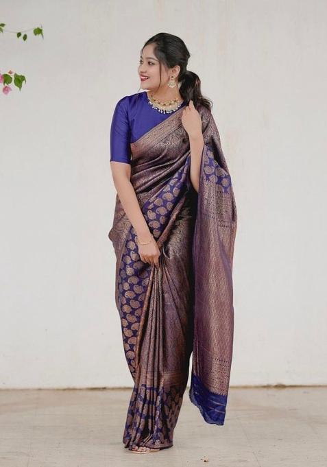 Navy Blue Jacquard Silk Blend Saree Set