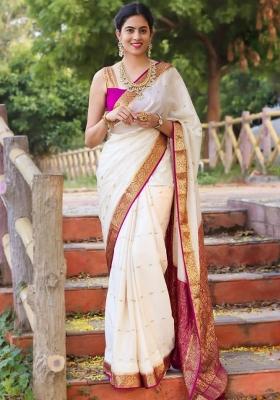 White Jacquard Silk Blend Saree Set