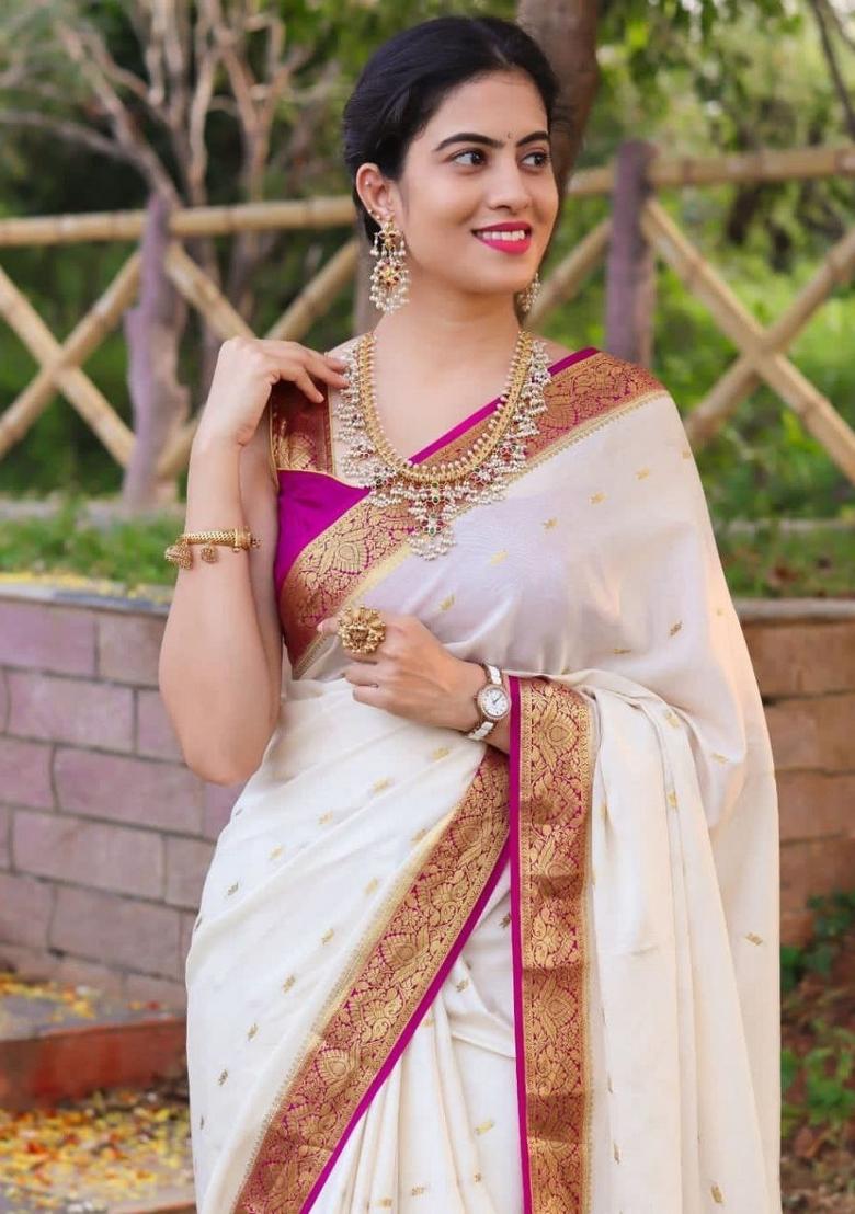 White Jacquard Silk Blend Saree Set - Indya