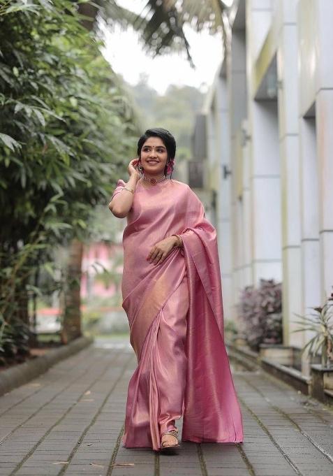 Peach Jacquard Silk Saree Set