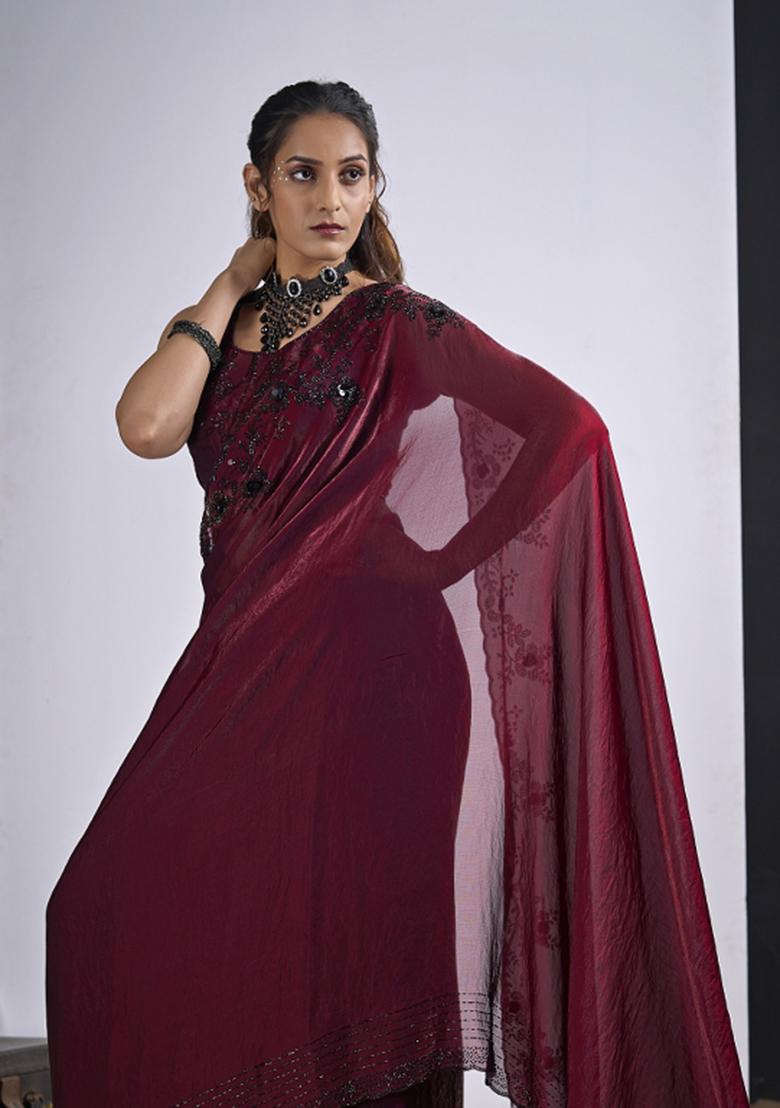 Maroon Hand Work Silk Blend Saree Set - Indya
