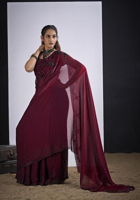 Maroon Hand Work Silk Blend Saree Set