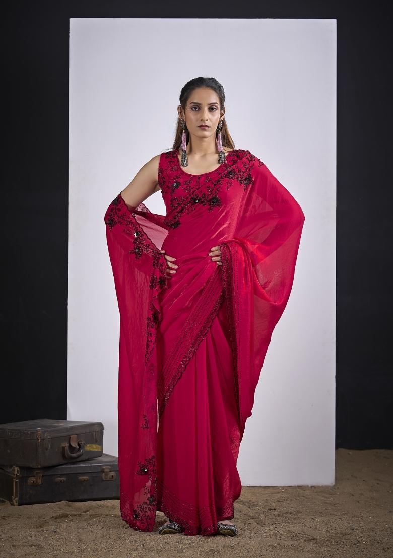 Rani Pink Hand Work Silk Blend Saree Set - Indya