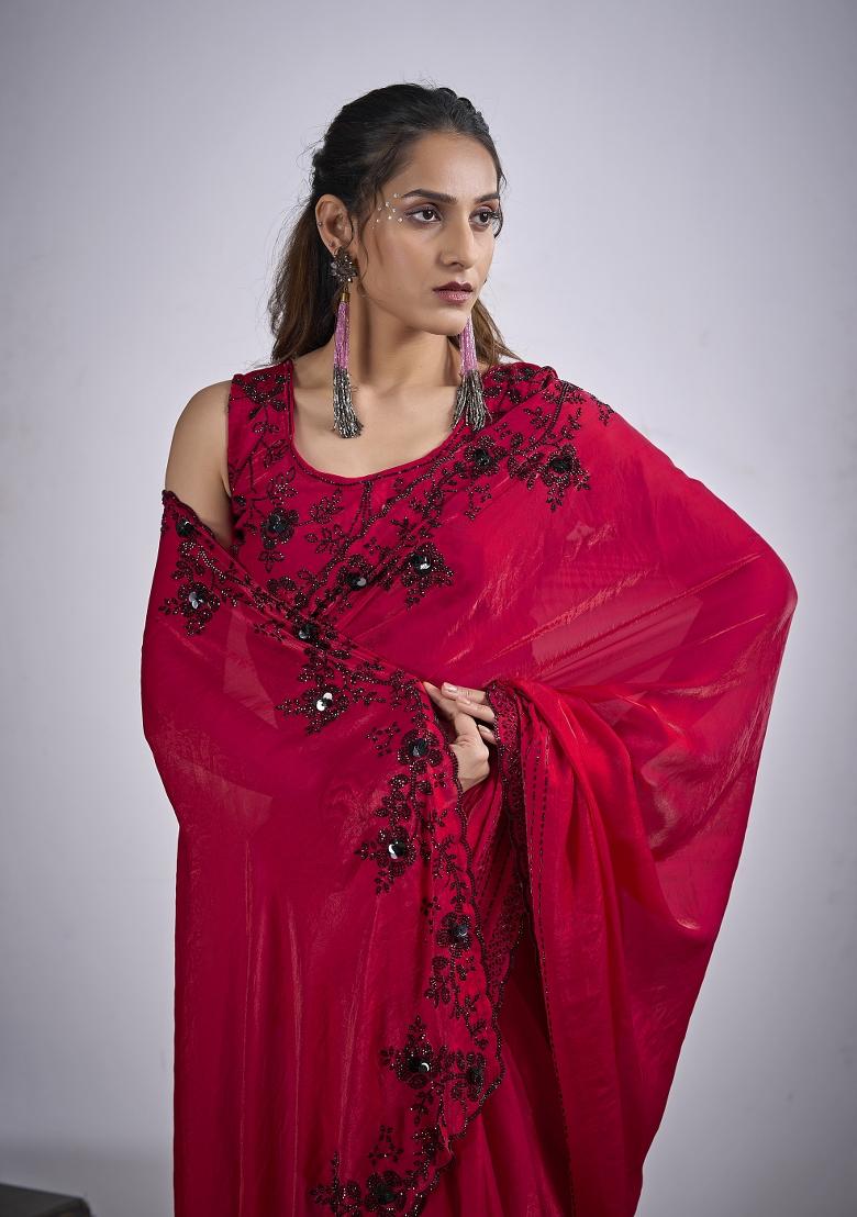 Rani Pink Hand Work Silk Blend Saree Set - Indya