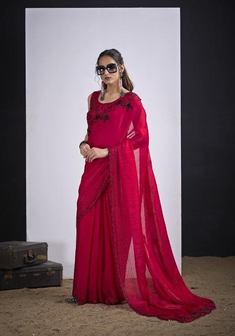 Rani Pink Hand Work Silk Blend Saree Set