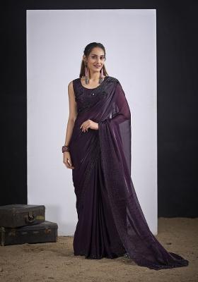 Purple Hand Work Silk Blend Saree Set