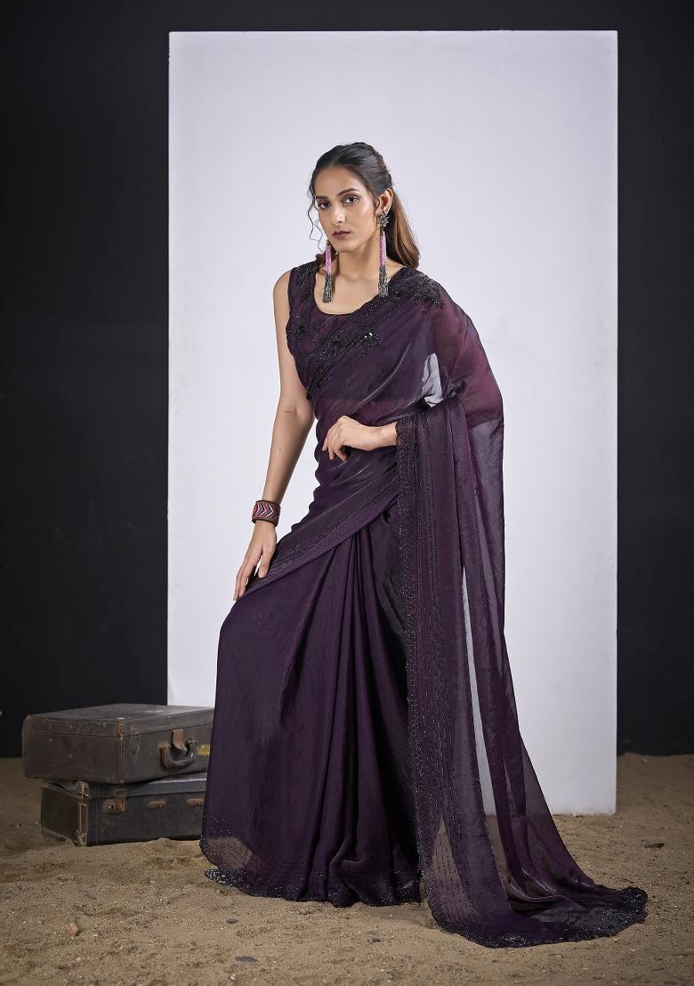 Purple Hand Work Silk Blend Saree Set - Indya