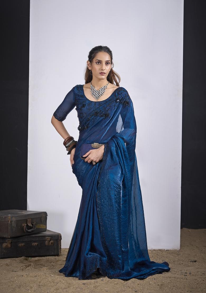 Morpeach Hand Work Silk Blend Saree Set - Indya