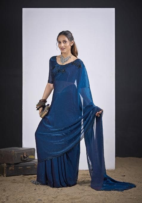 Morpeach Hand Work Silk Blend Saree Set