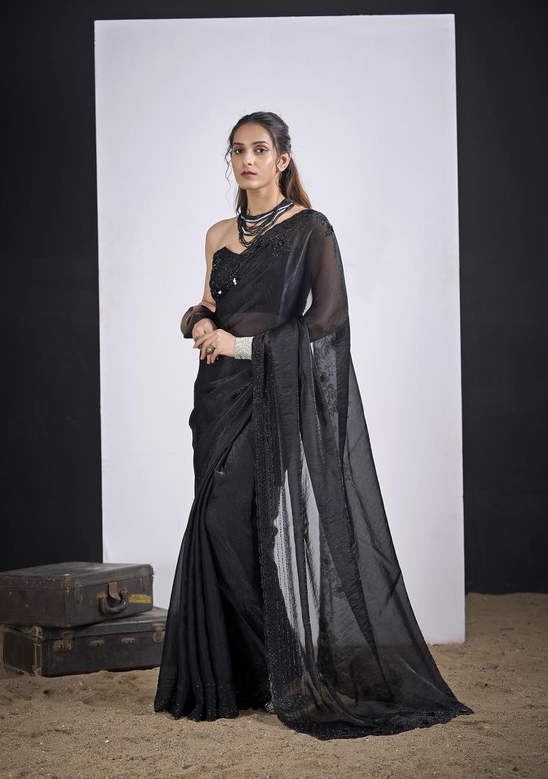 Black Hand Work Silk Blend Saree Set - Indya
