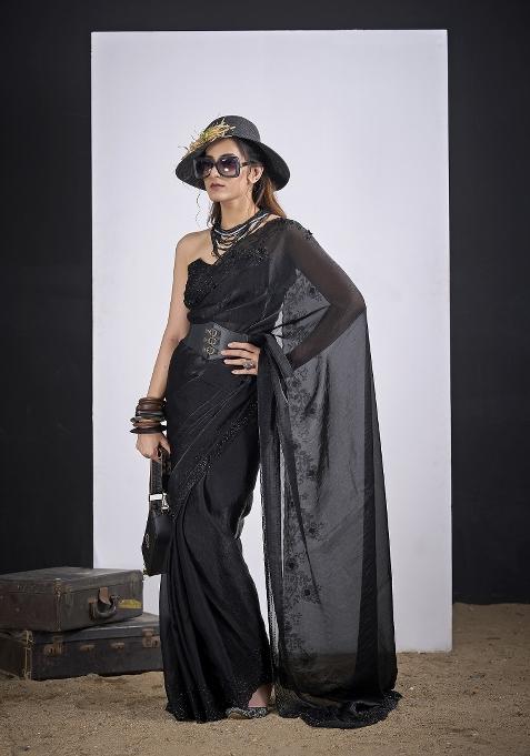 Black Hand Work Silk Blend Saree Set