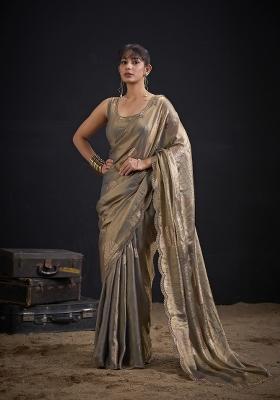 Grey Hand Work Silk Blend Saree Set