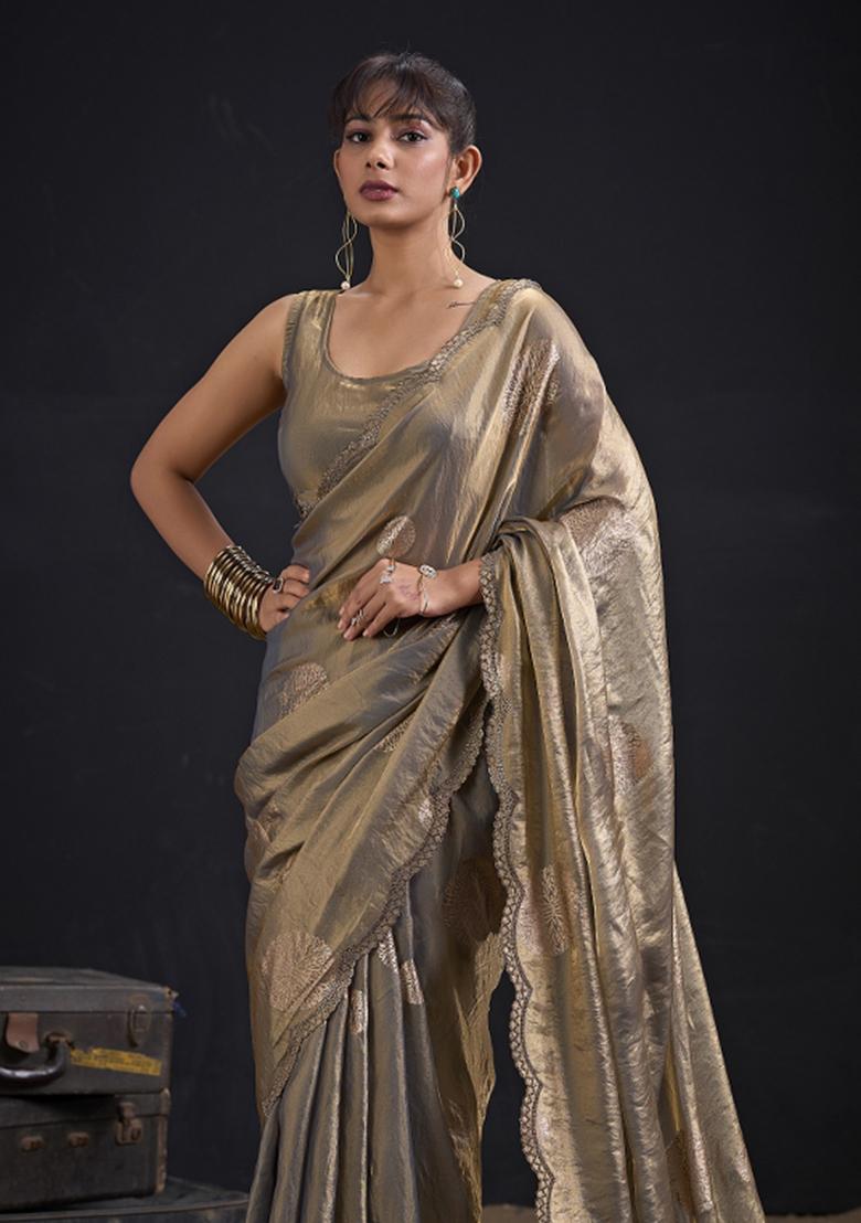 Grey Hand Work Silk Blend Saree Set - Indya
