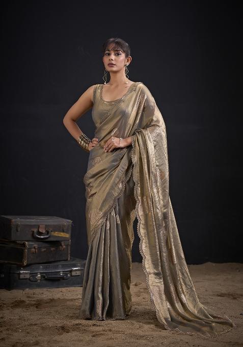 Grey Hand Work Silk Blend Saree Set