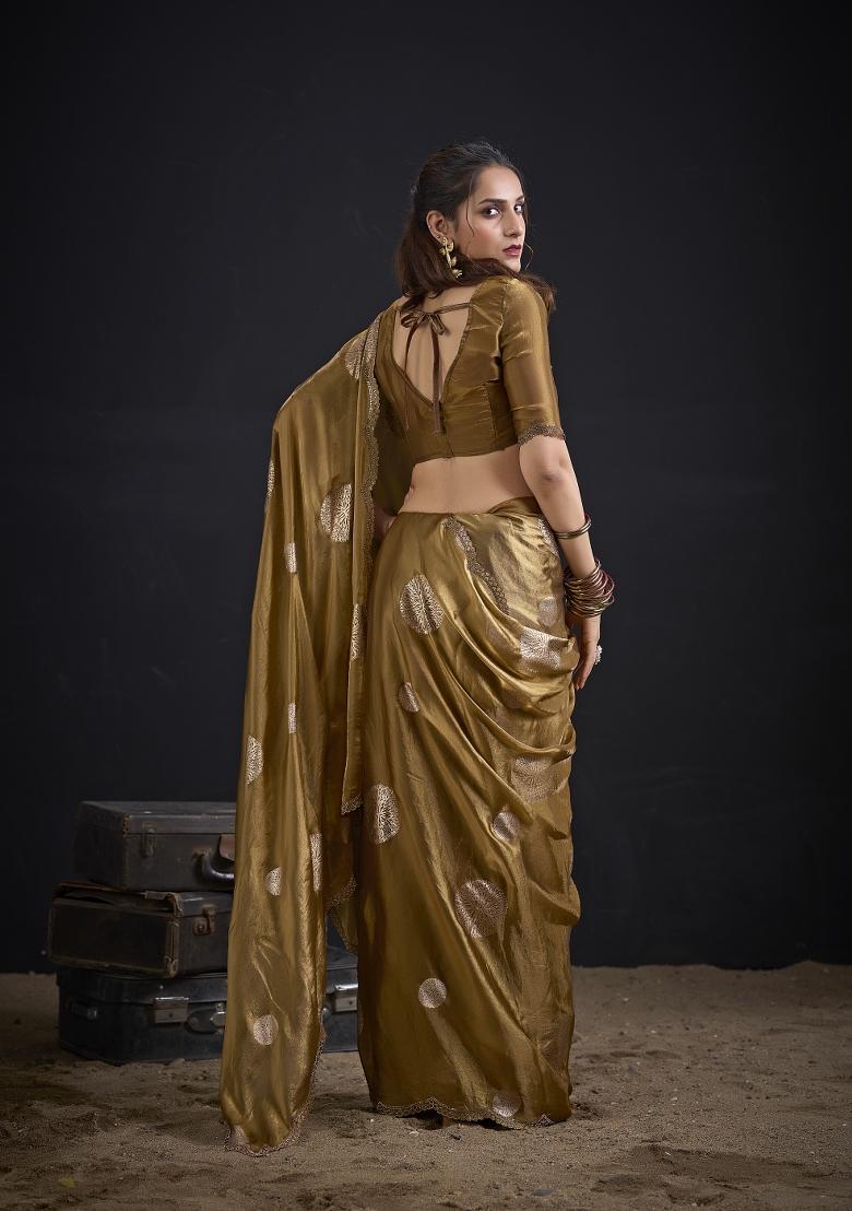 Golden Hand Work Silk Blend Saree Set - Indya