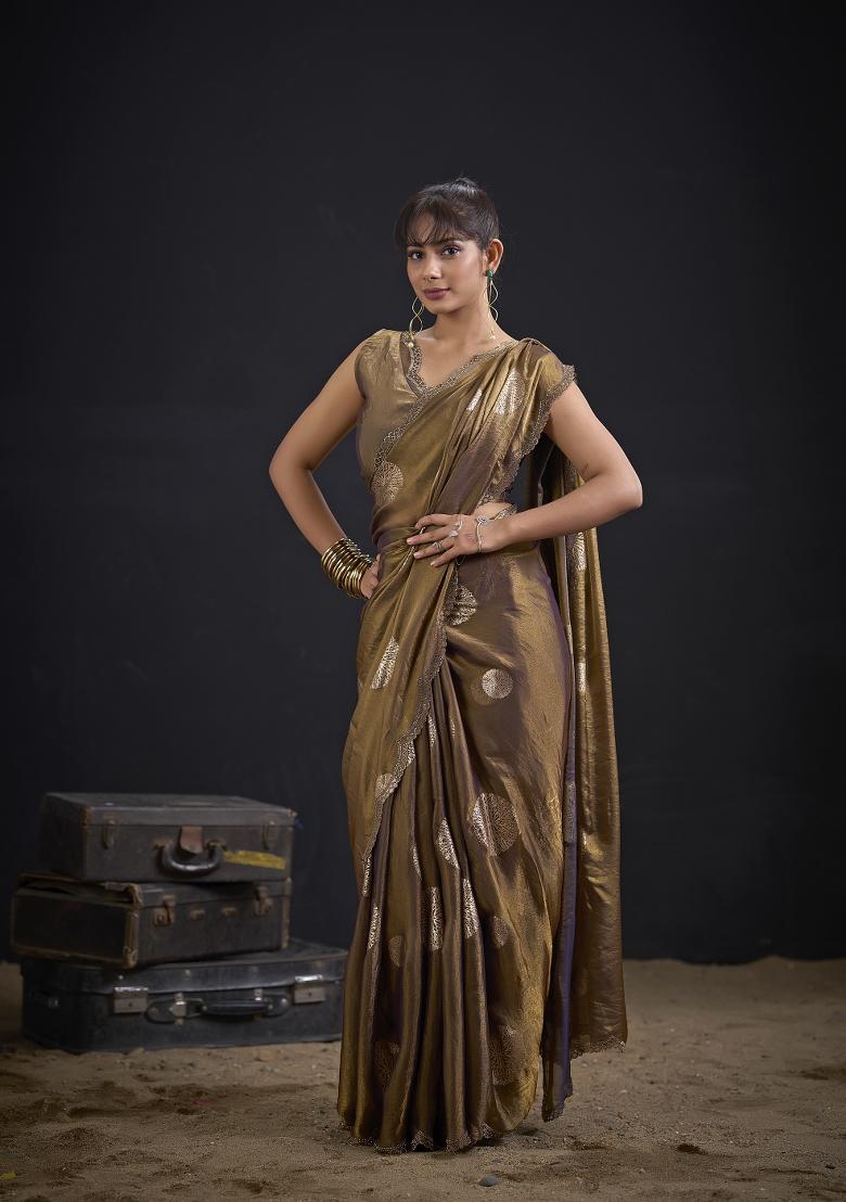 Mouse Hand Work Silk Blend Saree Set - Indya