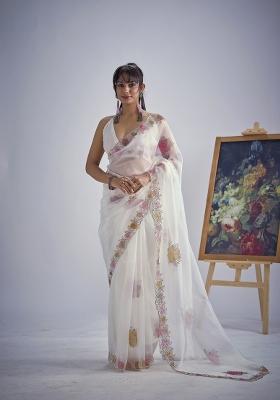 White Hand Work Organza Saree Set