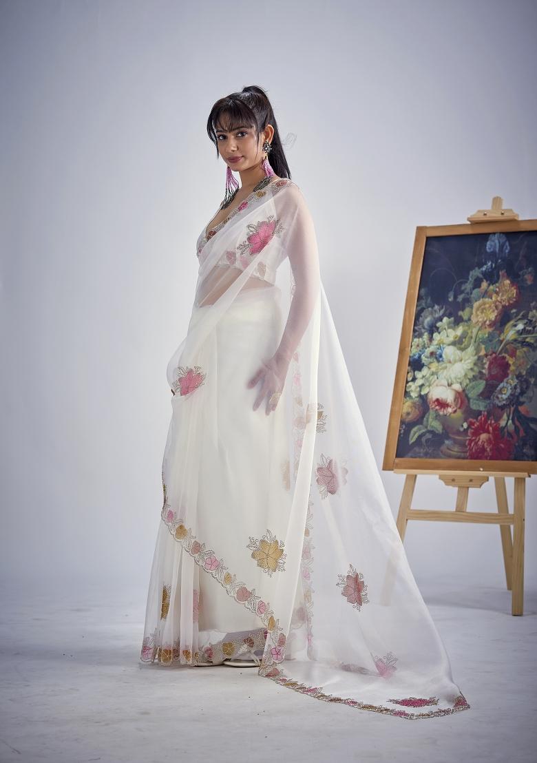 White Hand Work Organza Saree Set - Indya