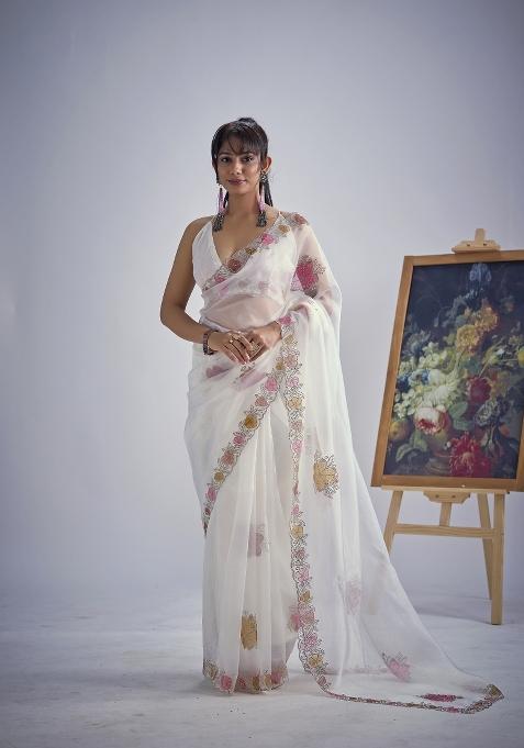 White Hand Work Organza Saree Set