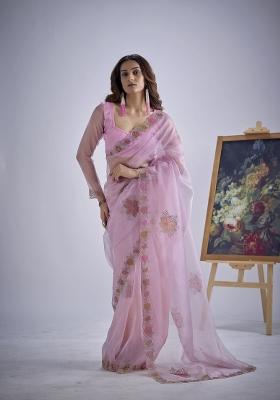 Lavender Hand Work Organza Saree Set