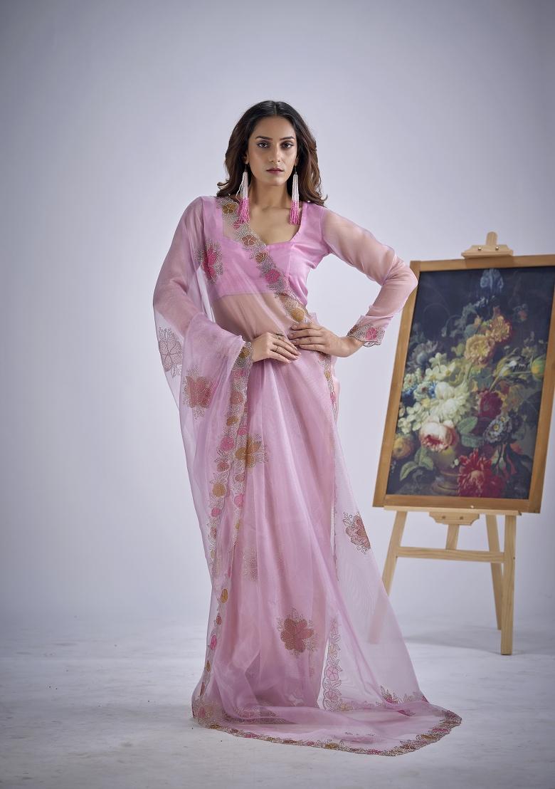 Lavender Hand Work Organza Saree Set - Indya