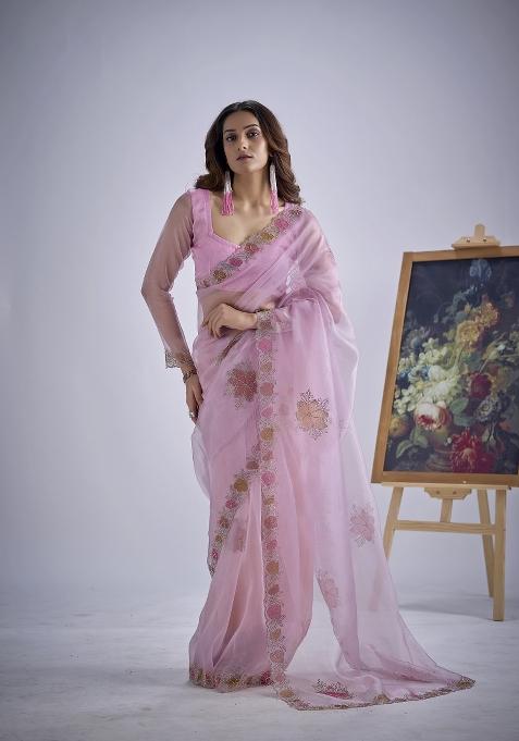 Lavender Hand Work Organza Saree Set