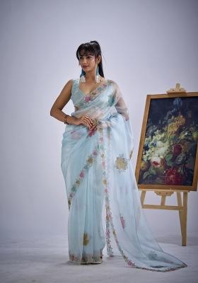 Sky Blue Hand Work Organza Saree Set