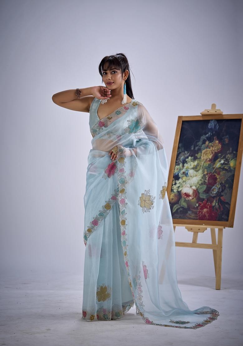 Sky Blue Hand Work Organza Saree Set - Indya
