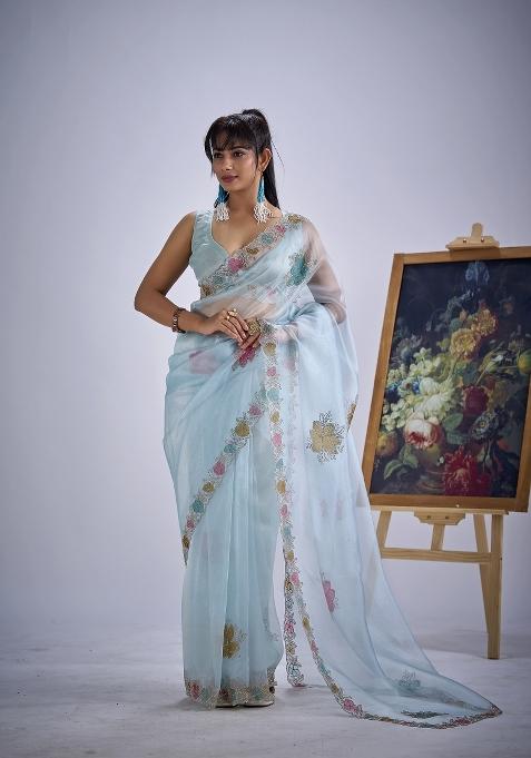 Sky Blue Hand Work Organza Saree Set