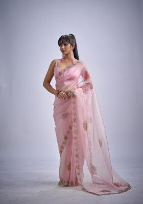 Pink Hand Work Organza Saree Set