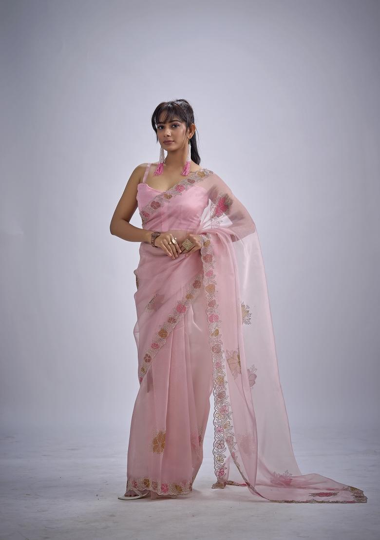 Pink Hand Work Organza Saree Set - Indya