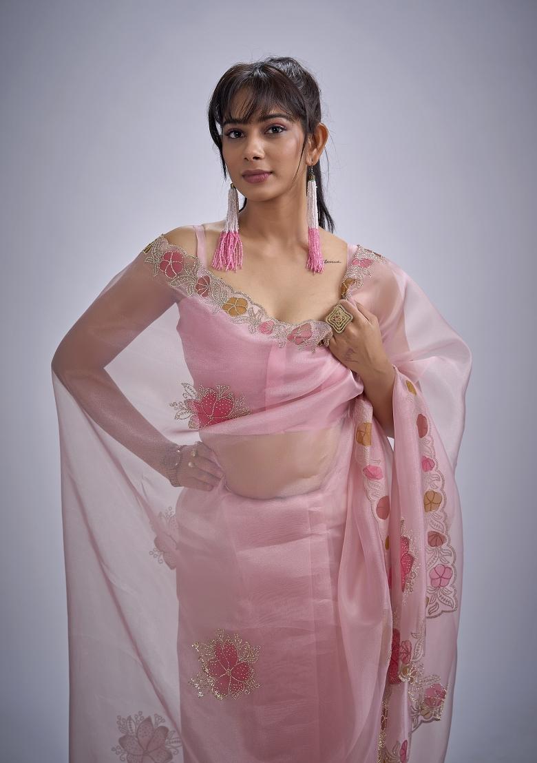 Pink Hand Work Organza Saree Set - Indya