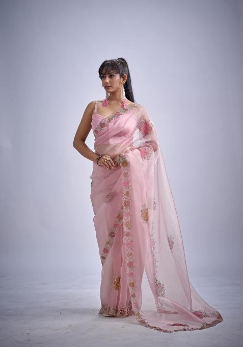 Pink Hand Work Organza Saree Set
