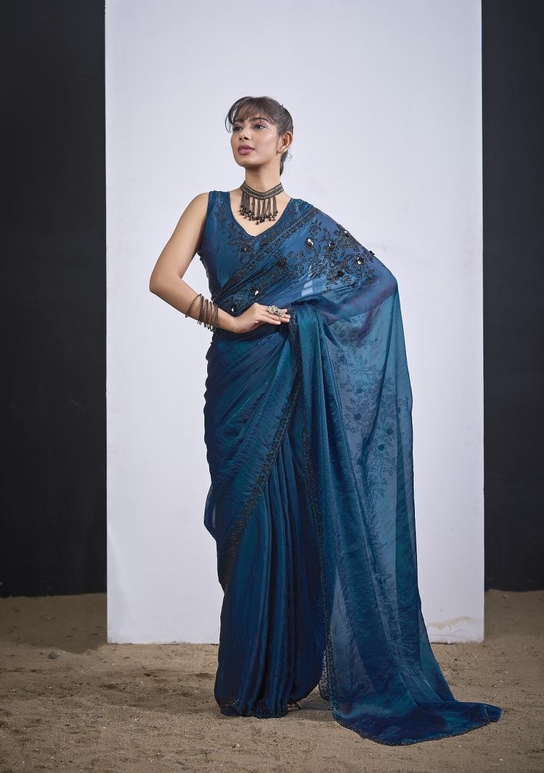 Morpeach Hand Work Silk Blend Saree Set - Indya